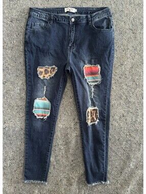 Crazy Train 9/29 Jeans Leopard Serape Patch Distressed Skinny Western Cowgirl